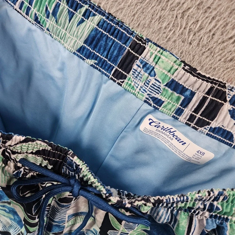NWT Caribbean Swim Shorts Trunks Men's 4XB Lined Zip Pocket Leaf Geometric Print
